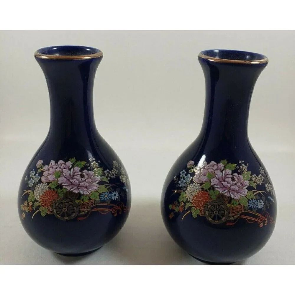 Vintage Set Kutani Japan Cobalt Blue Mini Floral Rickshaw Bud 5" Vases Gold Trim